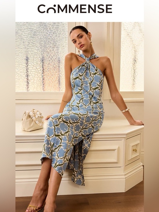 Commense Dresses & Skirts - Commense Blue and Cream Halter Midi Dress